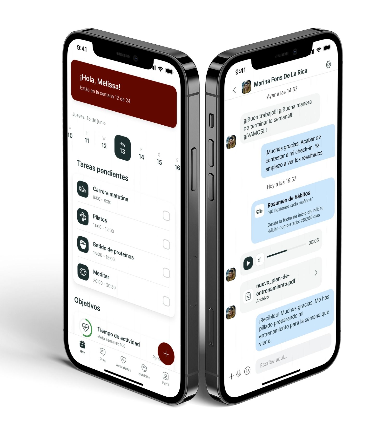 Un mockup de la app de coaching mostrando las funciones.